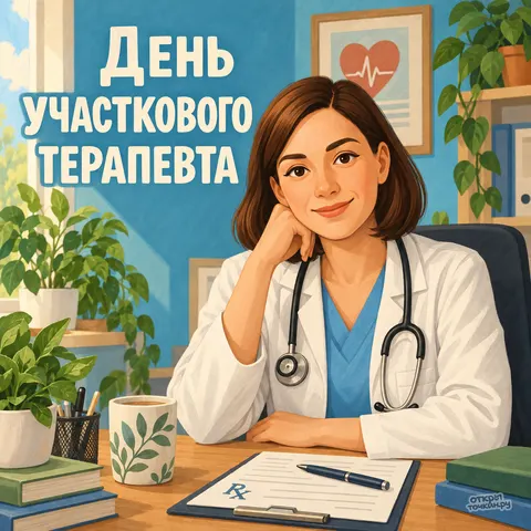 Открытка «День участкового терапевта, улыбающаяся женщина врач в солнечном кабинете с растениями»