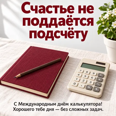 Открытка «Международный день калькулятора, блокнот карандаш калькулятор и цветок на солнце»