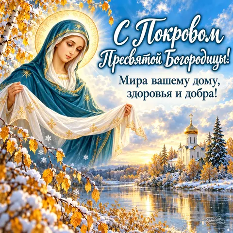 Открытка «Покров Богородицы над тихой рекой» — Покров Пресвятой Богородицы