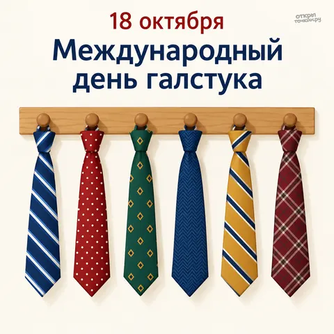 Открытка «Международный день галстука, 18 октября, шесть галстуков на деревянной вешалке»