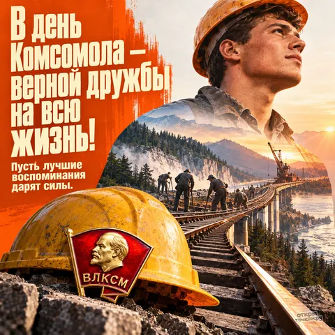 Открытка «День рождения Комсомола, желтая каска со значком на рельсах и строитель у моста»