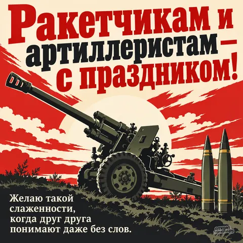 Открытка «День ракетных войск и артиллерии, пушка и снаряды в стиле плаката на закате»