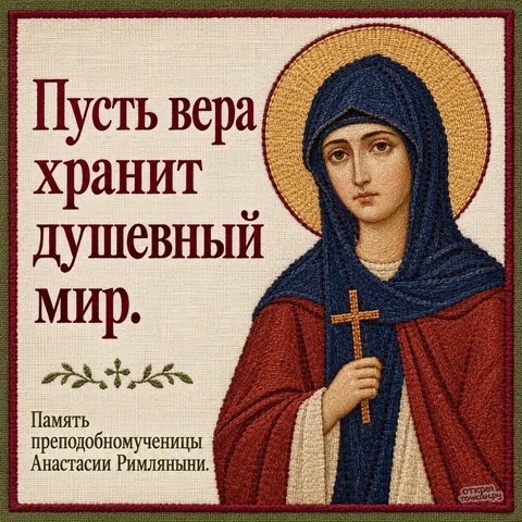 Открытка «День памяти преподобномученицы Анастасии Римляныни, вышитый образ Анастасии с золотым нимбом»