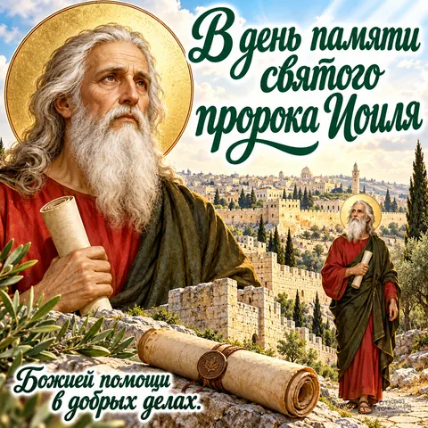 Открытка «День памяти пророка Иоиля, портрет и фигура пророка у стены, свиток с печатью, Божией помощи в добрых делах» — День памяти святого пророка Иоиля