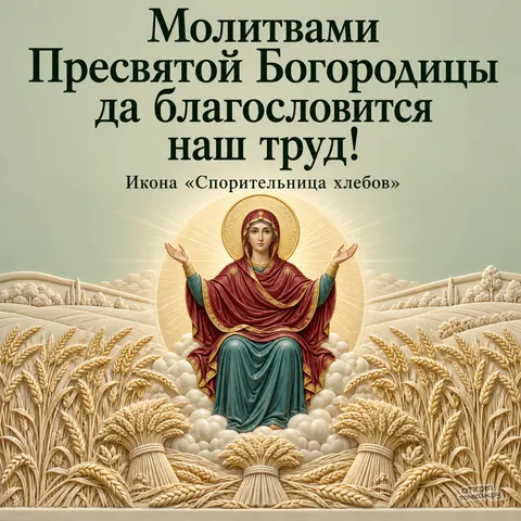 Открытка «Икона Спорительница хлебов, Богородица над золотым полем, снопы на переднем плане, молитва о благословении труда» — Праздник иконы Божией Матери «Спорительница хлебов»
