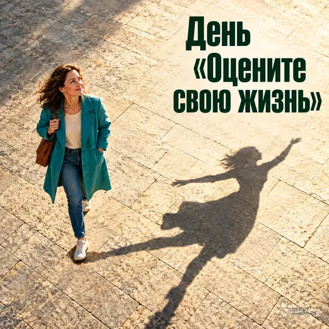 Открытка «Женщина в бирюзовом пальто и танцующая тень 11» — День «Оцените свою жизнь»