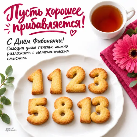 Открытка «День Фибоначчи, печенье с числами последовательности и чай»