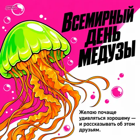 Открытка «Всемирный день медузы, зелёная и оранжевая медуза в стиле поп арт»