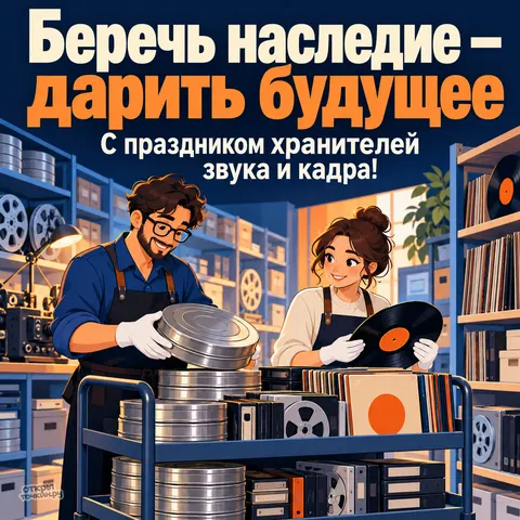 Открытка «Всемирный день аудиовизуального наследия, архивисты с катушками и виниловой пластинкой в хранилище»