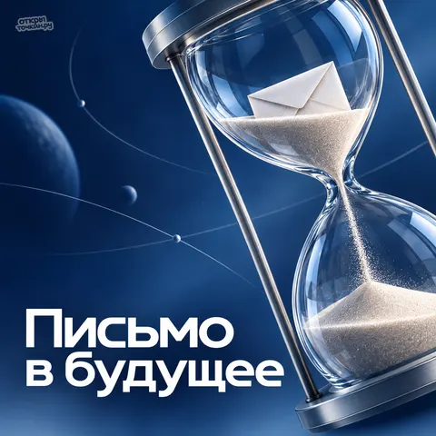 Открытка «День написания письма в будущее, песочные часы с конвертом на фоне космоса»