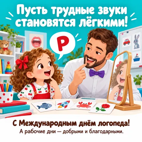 Открытка «Международный день логопеда, логопед с девочкой и карточками буквы р»