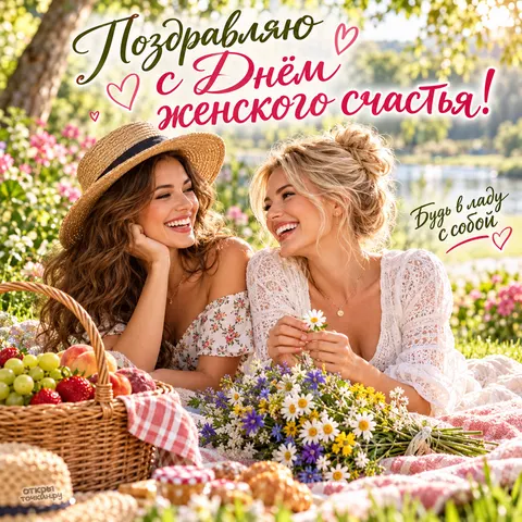 Открытка «День женского счастья, будь в ладу с собой, подруги на пикнике»