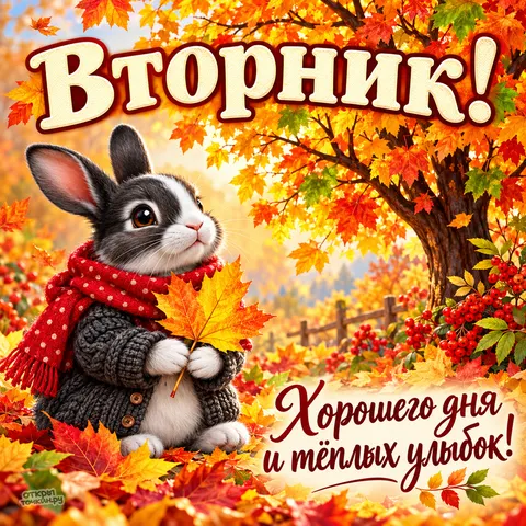 Открытка «Хорошего вторника, зайчик в шарфе у осеннего дерева» — Доброе утро