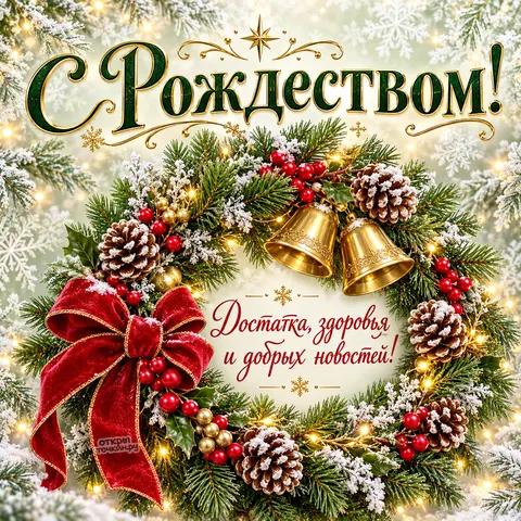 Открытка «С Рождеством Христовым, еловый венок с колокольчиками и красным бантом»
