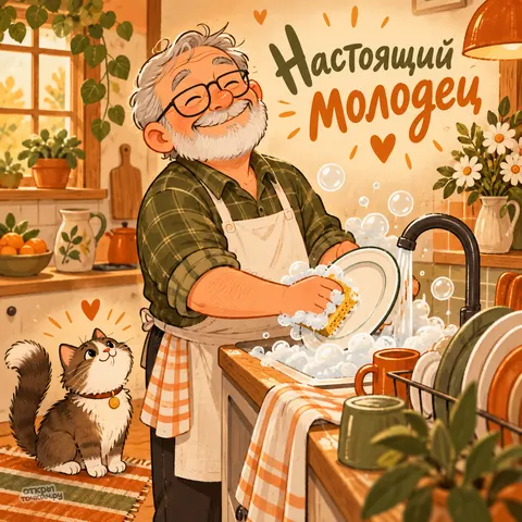 Открытка «День благодарности мужчине, который моет посуду, дедушка с котом, настоящий молодец»