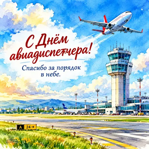 Открытка «День авиадиспетчера, акварельная вышка и лайнер над горами»