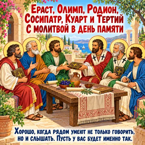 Открытка «Апостолы Ераст Олимп Родион Сосипатр Куарт и Тертий, беседа за столом с книгами и свитками» — День памяти апостолов от 70-ти Ераста, Олимпа, Родиона и прочих