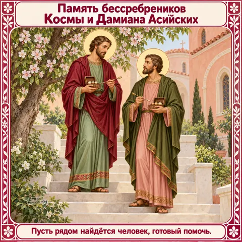 Открытка «День памяти Космы и Дамиана Асийских, бессребреники на белых ступенях с ларцами лекарств»