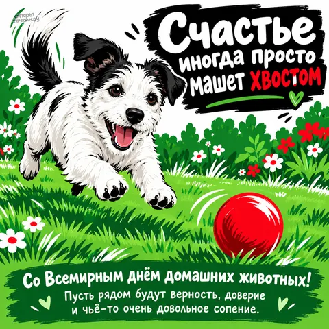 Открытка «Всемирный день домашних животных, белая собака с красным мячом на зелёной траве своя маленькая компания»