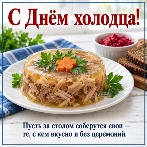 Открытка «День холодца, домашний холодец на белом столе с хреном»
