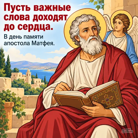 Открытка «День памяти апостола Матфея, апостол Матфей с ангелом пишет Евангелие у моря»
