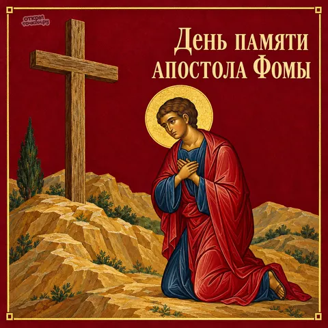 Открытка «День памяти апостола Фомы, апостол Фома на коленях у креста» — День памяти святого апостола Фомы
