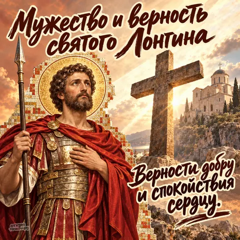 Открытка «День памяти Лонгина Сотника, мужество и верность у деревянного креста, монастырь на скале, верности добру и спокойствия сердцу» — День памяти святого мученика Лонгина Сотника