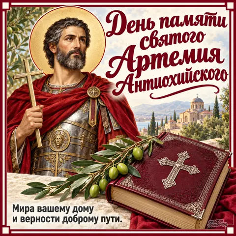Открытка «День памяти Артемия Антиохийского, красная книга с золотым крестом и олива, прибрежный храм, мир дому и верность пути» — День памяти великомученика Артемия Антиохийского