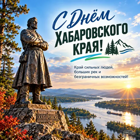 Открытка «День Хабаровского края, памятник Ерофею Хабарову над рекой на закате»