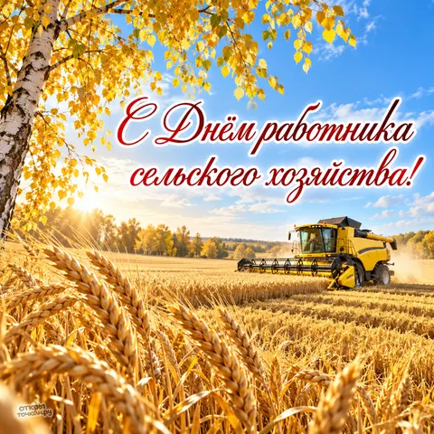Открытка «День сельского хозяйства, жёлтый комбайн под осенней берёзой» — День работника сельского хозяйства и перерабатывающей промышленности
