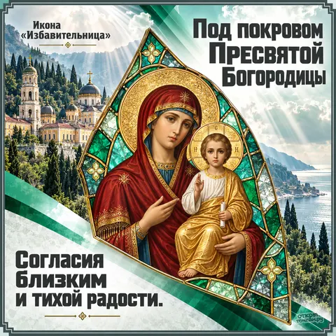 Открытка «Икона Избавительница, зелёное витражное обрамление, монастырь и море, под покровом Пресвятой Богородицы, согласия близким и тихой радости» — Праздник иконы Божией Матери «Избавительница»