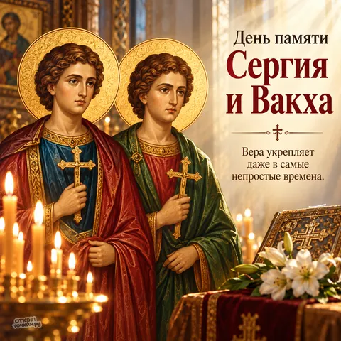 Открытка «День памяти Сергия и Вакха, святые в сиянии храма со свечами и лилиями» — День памяти святых мучеников Сергия и Вакха