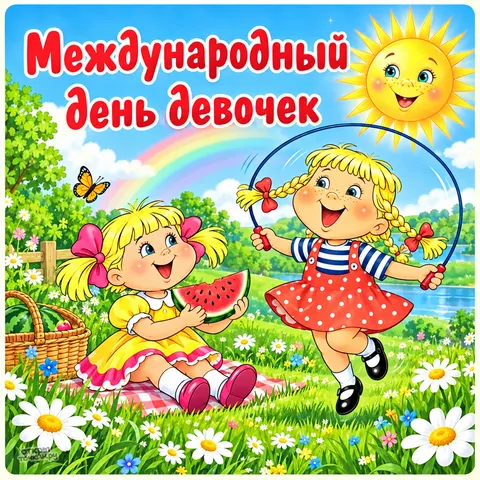 Открытка «Международный день девочек, пикник и скакалка» — две подруги на лужайке с ромашками, одна со скакалкой, другая с арбузом