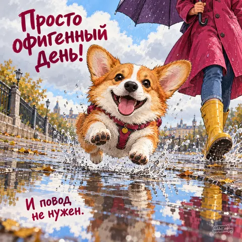 Открытка «Просто офигенный день, корги прыгает по лужам на прогулке»