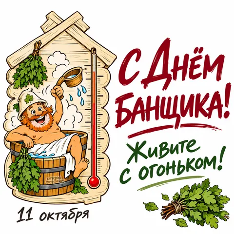 Открытка «С Днём банщика с деревянным термометром и добрым пожеланием»