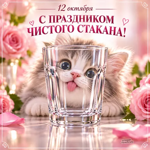 Открытка «Праздник чистого стакана, котёнок и розы»