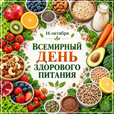 Открытка «Всемирный день здорового питания, овощи, фрукты, орехи и злаки по кругу»