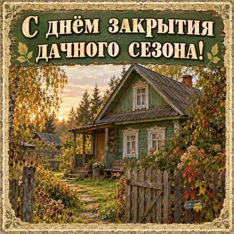 Открытка «Закрытие дачного сезона, зелёный домик на закате»