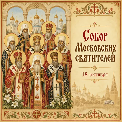 Открытка «Собор Московских святителей, 18 октября, декоративная рамка, лилии и вид Кремля»