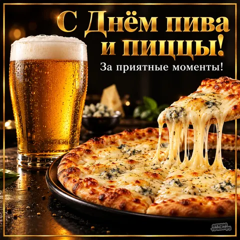 Открытка «С Днём пива и пиццы, золотистый бокал и сырная пицца»