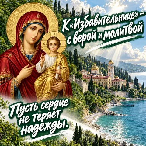 Открытка «Икона Избавительница, монастырь Новый Афон над морем, лучи с неба, с верой и молитвой, пусть сердце не теряет надежды» — Праздник иконы Божией Матери «Избавительница»