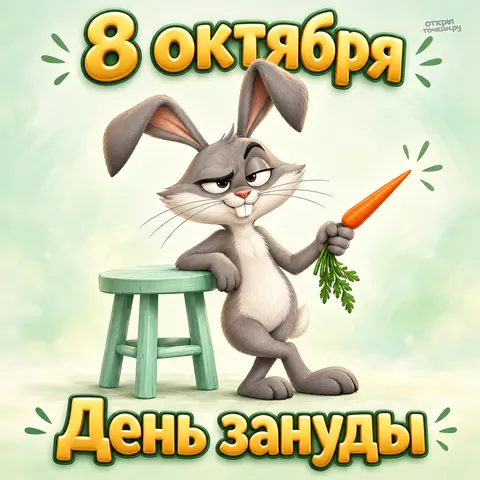 Открытка «День зануды, серый кролик с морковкой»