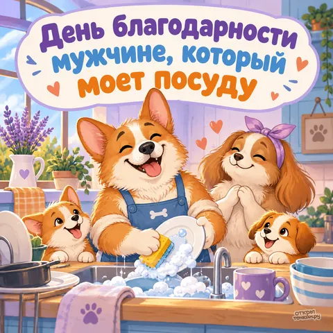 Открытка «День благодарности мужчине, который моет посуду, корги и щенки на кухне»