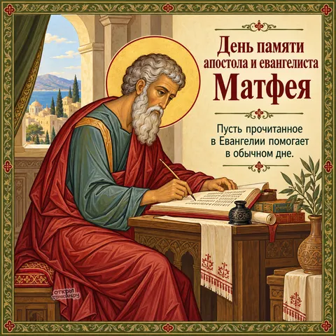 Открытка «День памяти апостола Матфея, апостол Матфей пишет Евангелие за столом у окна»