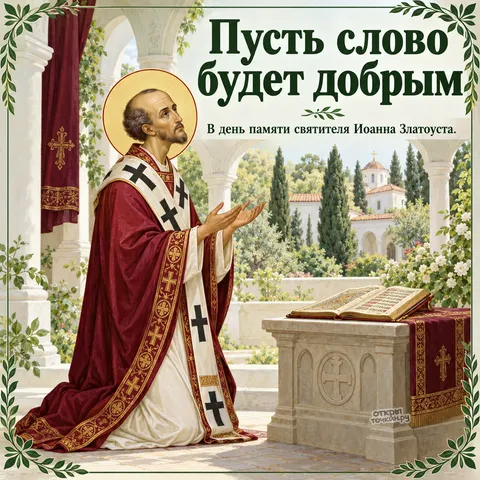 Открытка «День памяти Иоанна Златоуста, святитель молится перед Евангелием во дворе храма»