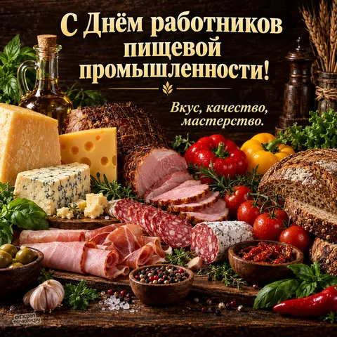 Открытка «День работников пищевой промышленности, вкус, качество, мастерство, мясные деликатесы и сыры на столе»