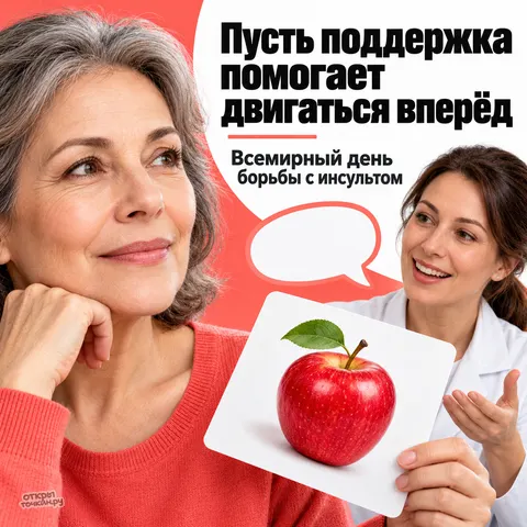 Открытка «Всемирный день борьбы с инсультом, врач с карточкой яблока и пациентка»
