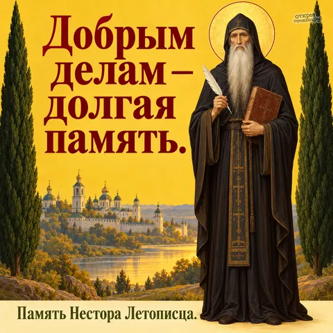 Открытка «День памяти преподобного Нестора Летописца, Нестор в полный рост с книгой и кипарисами»