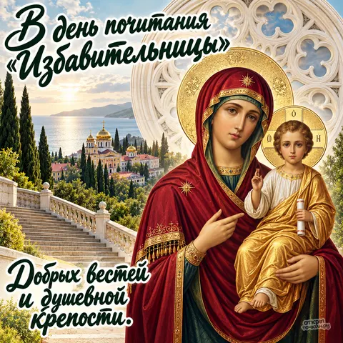 Открытка «Икона Избавительница, монастырь с золотыми куполами и лестница, в день почитания иконы, добрых вестей и душевной крепости» — Праздник иконы Божией Матери «Избавительница»