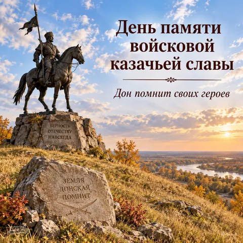 Открытка «День памяти войсковой казачьей славы, Дон помнит своих героев, памятник казаку над долиной Дона»